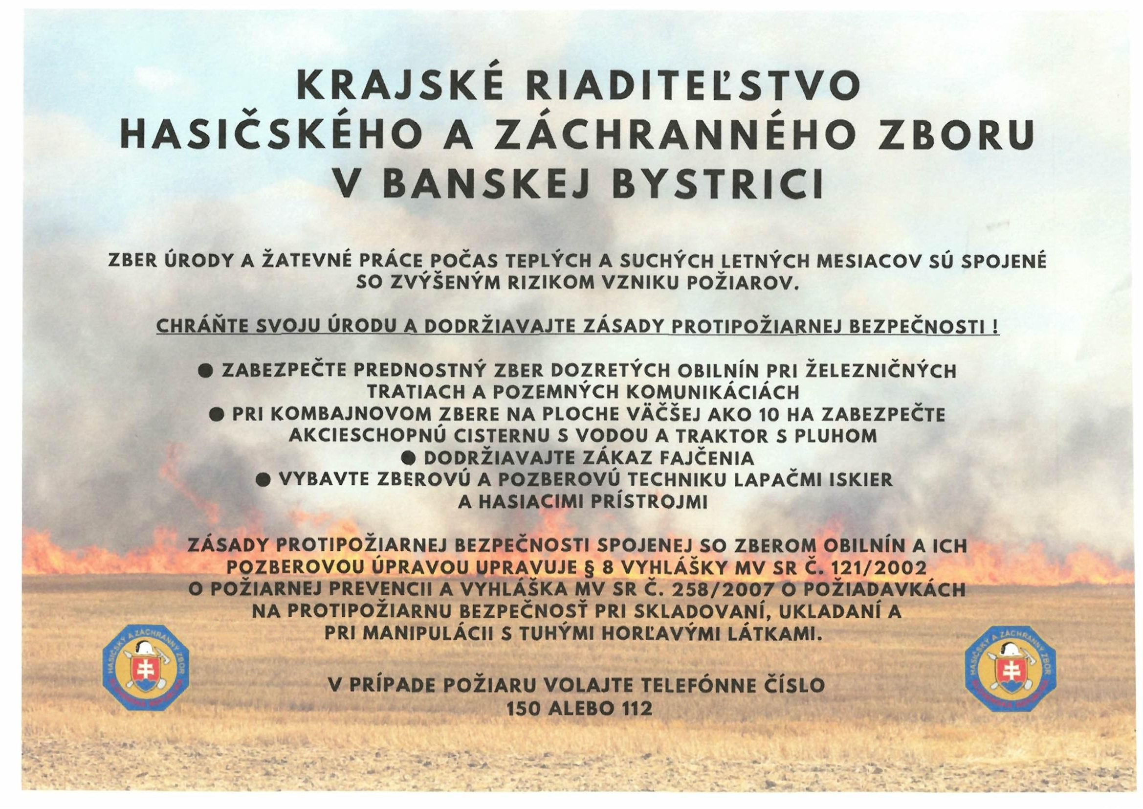 Usmernenie o preventívnych opatreniach - Žatevné práce – zber obilnín, ich pozberová úprava a skladovanie objemových krmovín a slamy (Okresné riaditeľstvo Hasičského a záchranného zboru vo Veľkom Krtíši so sídlom v Modrom Kameni)