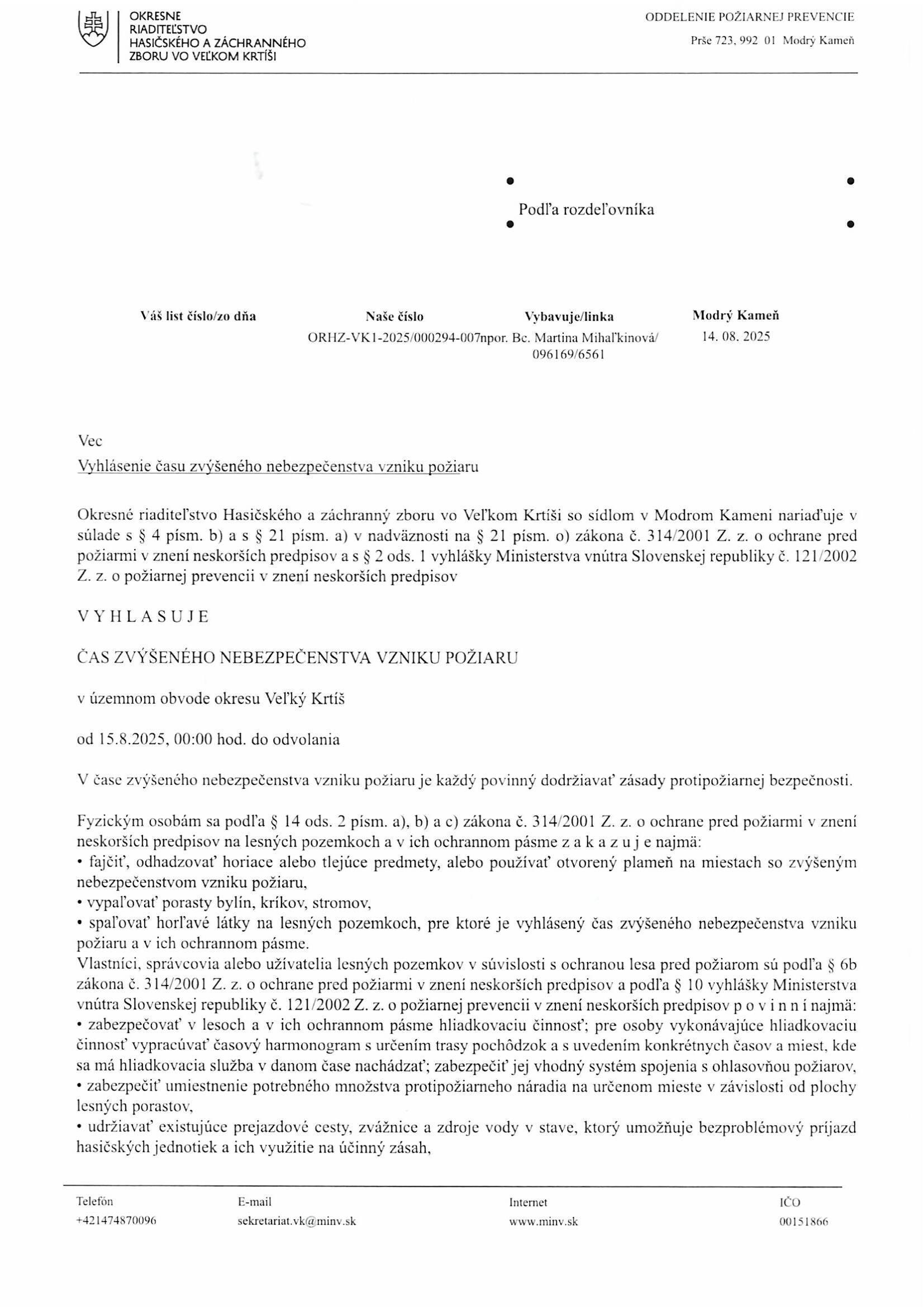 Vyhlásenie času zvýšeného nebezpečenstva vzniku požiaru