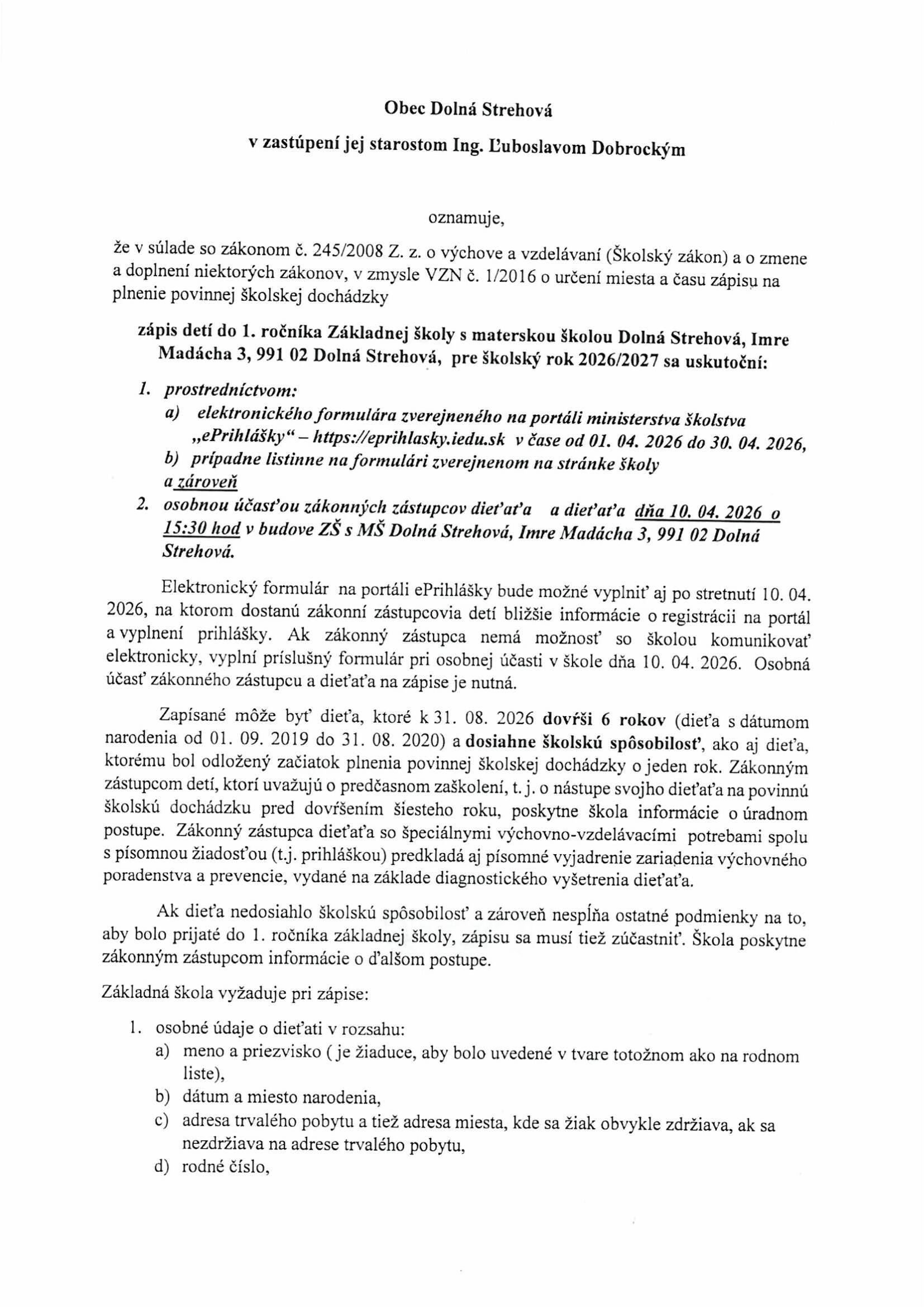 Oznámenie o zápise detí do 1.ročníka na šk.rok 2026/2027