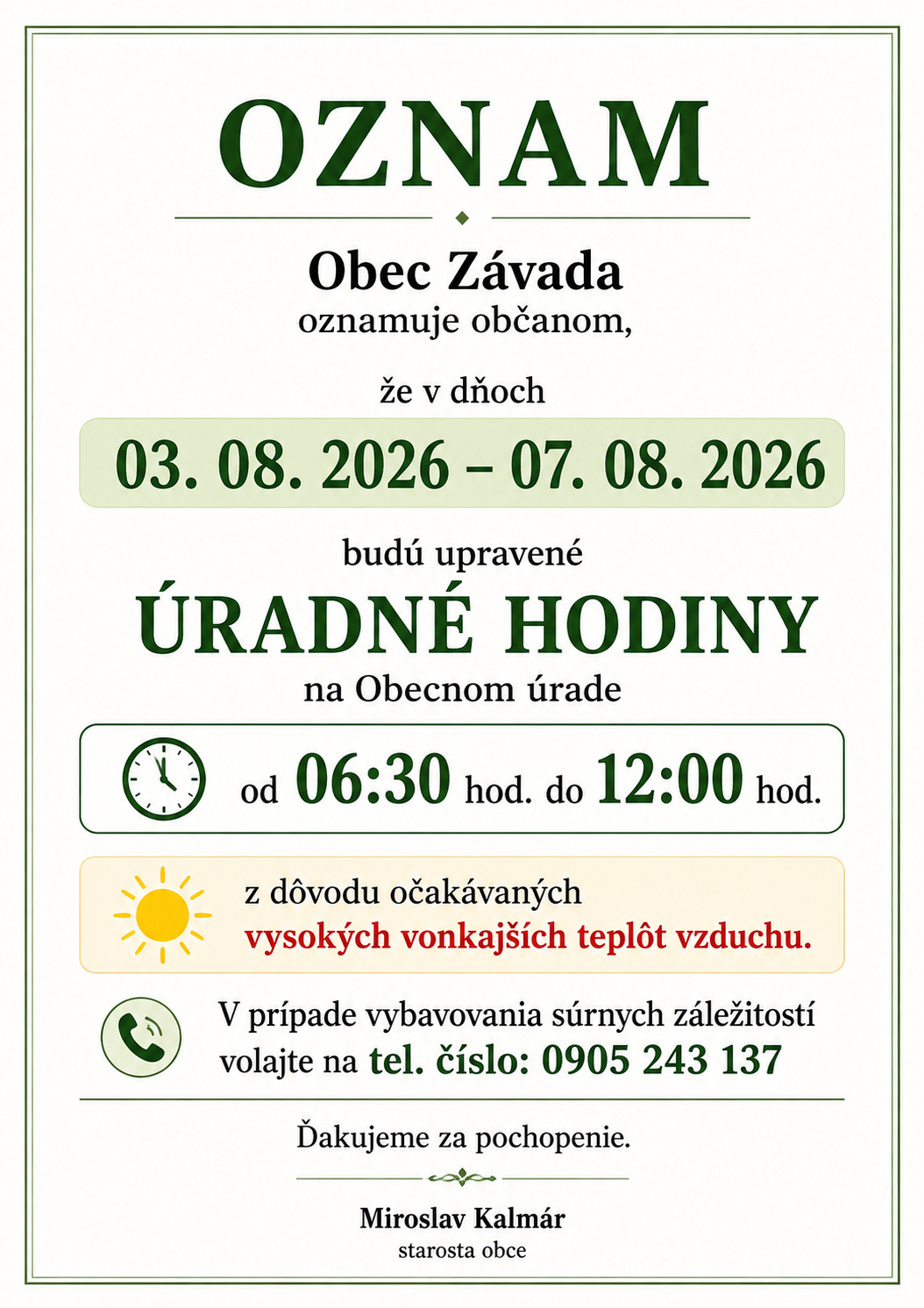 Oznam o zmene úradných hodín